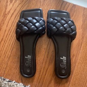 Black Faux Leather Braided Square Toe Sandals.